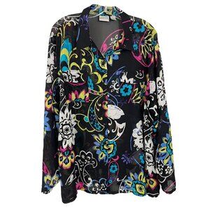 Chico's 100% Silk Black Retro Floral Paisley Long Sleeve Blouse Size 3, XL